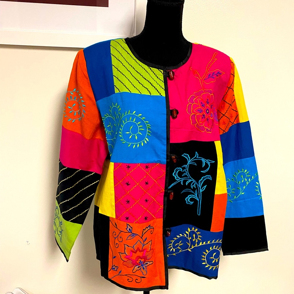 NWT indigo moon rare patched colorful Art Deco shirt jacket with front buttons